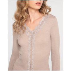 Top en tulle col V laine et soie beige - OSCALITO